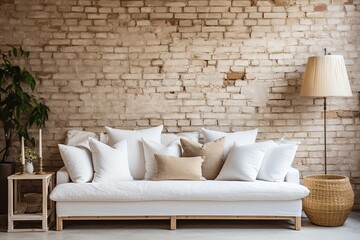 Wall Mural - Exposed Brick Wall & White Sofa: Scandinavian Boho Room Design