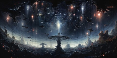 Wall Mural - extra terrestrial canopy embellished with a multitude of space elements, forming a cascade of reacti
