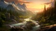 Panoramic view of a mountain river at sunset. Panoramic mountain landscape