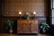 Geometric Wallpaper Designs in Hallway: Antique Wood Cabinetry Amid Historic Architectural Elements