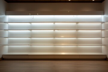 a large white shelf with lights