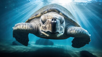 Wall Mural - a turtle swimming underwater with sun rays