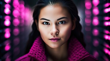 Wall Mural - a woman with dark hair and pink jacket