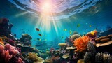 Fototapeta Do akwarium - Underwater panoramic view of coral reef and tropical fish.