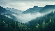 A Foggy Mountain Range With Trees And Mountains