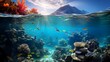 Underwater panorama of coral reef and tropical fish. Seascape of underwater world.