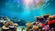 Coral reef and tropical fish. Underwater panoramic view.