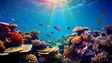 Fototapeta Do akwarium - Coral reef and tropical fish. Underwater panoramic view.