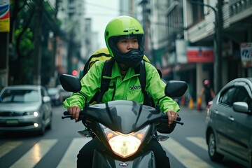  an Indonesian women working as online motorcycle taxi driver in green color safety driving clothing