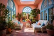 Seashell Accents Mediterranean Villa: Coral Details, Blue Walls & Sunny Patio