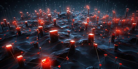 Wall Mural - Vibrant digital artwork depicting a glowing red node within a complex network, illustrating data flow