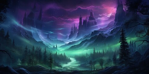 Wall Mural - digital art illustrating fantasy aurora lights streaming above a mystical forest landscape