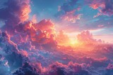Fototapeta Most - a watercolor painting with colorful clouds and blue sky, in the style of realistic fantasy artwork, light magenta and orange, hyper-detailed. Generative AI