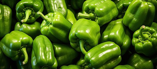 Sticker - A group of green bell peppers are neatly arranged next to each other on a surface. The peppers are vibrant in color and shiny, indicating freshness. These discounted green peppers are available at a