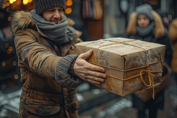 two men making handshakes after receiving a package, in the style of poster, blurry details. Generative AI