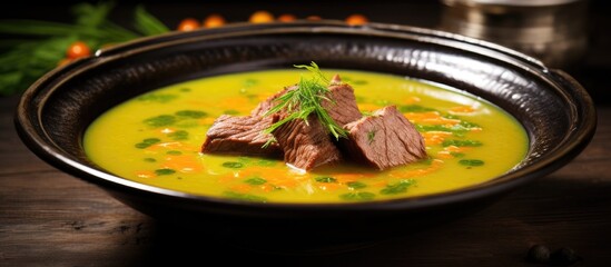 Sticker - A bowl filled with delicious beef and carrot soup topped with tender meat. The rich flavors of beef, freshness of carrots, and delightful essence of pea broth combine in a tasty bite.