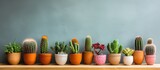 Fototapeta  - A straight row of various cacti and succulents in pots placed neatly on a rustic wooden shelf. The plants are thriving and adding a touch of greenery to the indoor space.
