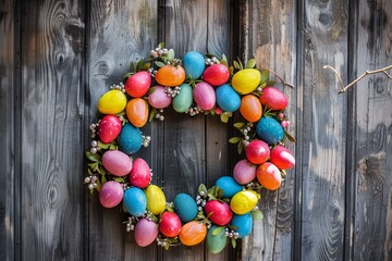 Wall Mural - A Vibrant Easter Egg Wreath Adorning a Rustic Wooden Door, Welcoming Spring with a Burst of Color and Joy