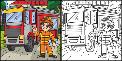 Poster - Firefighter and Fire Truck Coloring Illustration