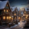 Beautiful christmas village in the snow at night. Christmas and New Year concept.