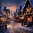 Digital painting of a winter street with houses and christmas lights.