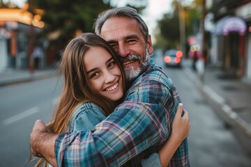 caucasian teenage daughter hugging her father outside in town when spending time together