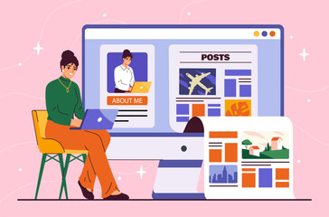 Wall Mural - Woman blogging online concept. Young girl with laptop creating interesting content for social networks and messengers, website. Posts on internet. Cartoon flat vector illustration