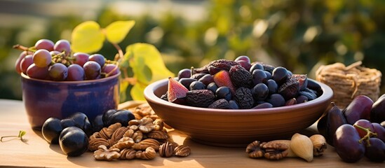 Sticker - A wooden table is adorned with bowls filled with a variety of fresh and dried fruits, including prunes, walnuts, and other natural foods.