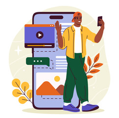 Wall Mural - content creation concept. man with smartphone in hands near articles with text and pictures. young g