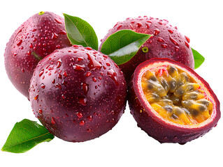 Close-up of fresh, juicy passion fruits with water droplets on a transparent background, one cut in half revealing seeds. PNG.