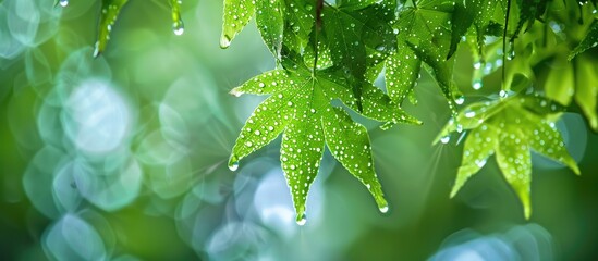 Sticker - Close-up view of green maple leaves covered in water droplets, hanging gracefully against a blurred background. The dew on the leaves creates a fresh and vibrant aesthetic, emphasizing their natural