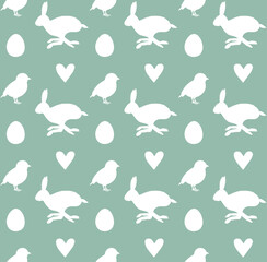 Poster - Vector seamless pattern of Easter chick and rabbit isolated on mint background