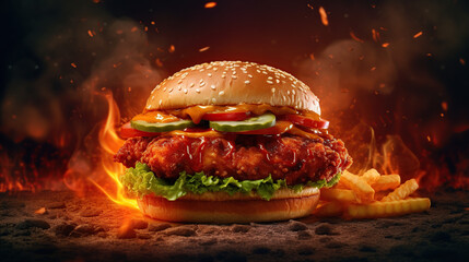 Wall Mural - Big tasty hamburger with fried potatoes on a dark background with fire