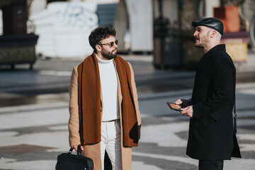 Wall Mural - Two stylish men engaging in a casual conversation outdoors in the city.