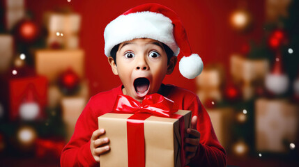 Wall Mural - Surprised little boy in Santa Claus hat holding gift box. Christmas holidays. Boxing Day shopping. Holiday shopping