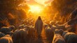 a shepherd guiding his flock of sheep. Created with Generative AI.