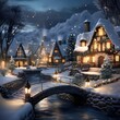 Winter village at night with a bridge over the river. Digital painting.