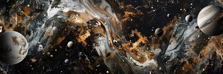 Wall Mural - cosmic elements like stars and planets embedded in marble textures, creating a surreal and ethereal 