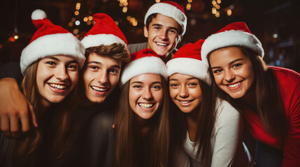 Wall Mural - Happy teenagers wearing Santa Claus hat celebrating Christmas night together. Group of young people having new year party outside. Winter holidays concept