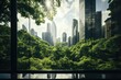 Double exposure of lush green forest and skyscrapers in city
