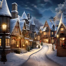 Snowy Winter Village At Night With Christmas Decorations And Garlands