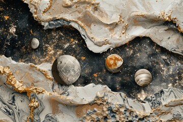 Wall Mural - cosmic elements like stars and planets embedded in marble textures, creating a surreal and ethereal 