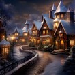 Winter landscape with a small village in the snow. Christmas fairy tale.