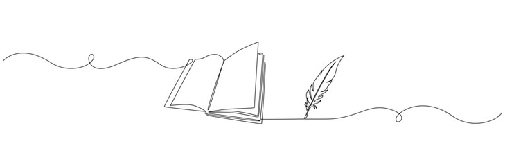 Aufkleber - One continuous line drawing of bird feather with book. Writer and poetry symbol logo in simple linear style. Quill pen with diary in editable stroke. Doodle hand drawn vector illustration