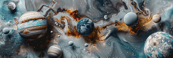 Wall Mural - cosmic elements like stars and planets embedded in marble textures, creating a surreal and ethereal 