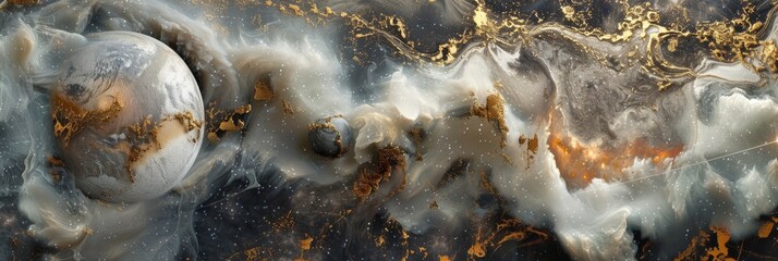 Wall Mural - cosmic elements like stars and planets embedded in marble textures, creating a surreal and ethereal 