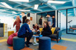 © .shock - Multiethnic startup business team on meeting in a modern bright open space coworking office. Brainstorming, working on laptop. Group of coworkers walking around in motion blur