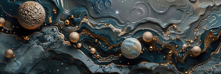 Wall Mural - cosmic elements like stars and planets embedded in marble textures, creating a surreal and ethereal 