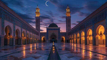 Wall Mural - A tranquil mosque courtyard at twilight, with lanterns casting soft light on intricate tile work, and a crescent moon rising in the sky.