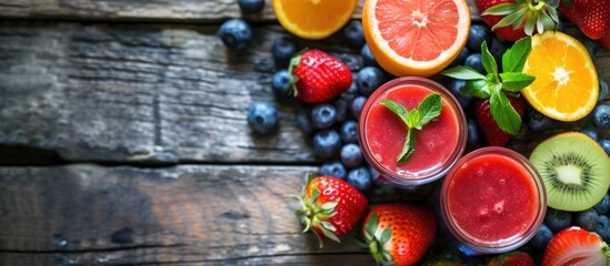 Canvas Print - A wooden table is topped with various glasses filled with fruit, including strawberries, blueberries, and kiwi. The glasses are neatly arranged and showcase colorful and refreshing fruit combinations.